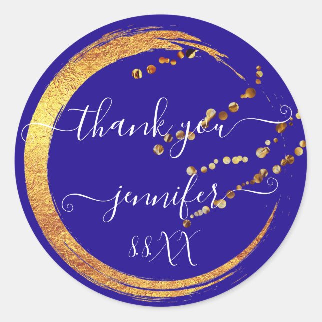 Adesivo Redondo Doce 16º Obrigado Data Azul Real Dourado Casamento (Frente)