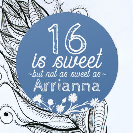 Adesivo Redondo Doce 16 Azul, Flores Brancas