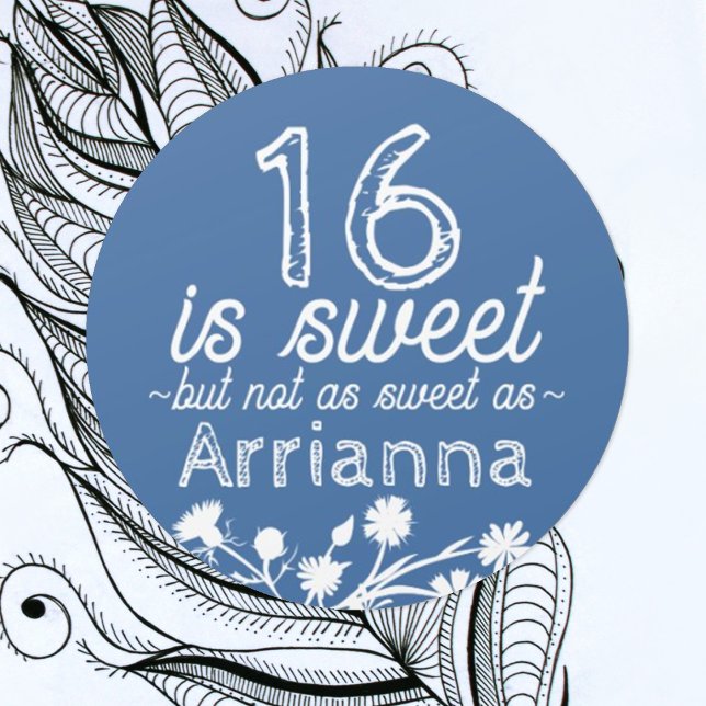 Adesivo Redondo Doce 16 Azul, Flores Brancas (round floral blue sweet 16 party favor sticker personalized label seal with name for sweets gifts)