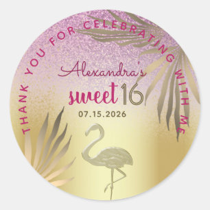 Adesivo Redondo Doce 16 Flamingo Dourado Rosa Agradecimento