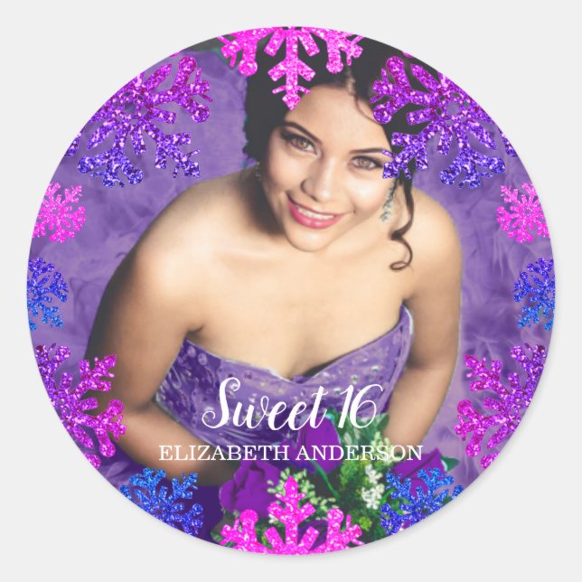 Adesivo Redondo Doce 16 Floco de Neve de inverno Aniversário (Frente)