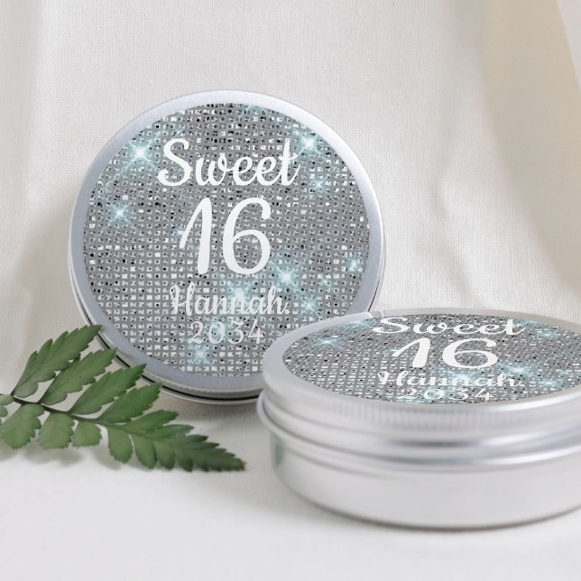 Adesivo Redondo Doce 16 Garota Aniversário Favorece Prateado (Sweet 16 Girl Birthday Favors Silver Tin Box Classic Round Sticker
)