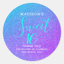 Adesivo Redondo Doce 16 Glitter Roxo De Teal Obrigado Monograma