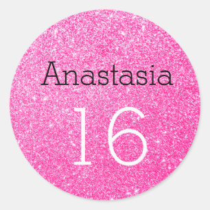 Adesivo Redondo Doce 16 Nome Idade Preto e Brilho Glitter Rosa Que
