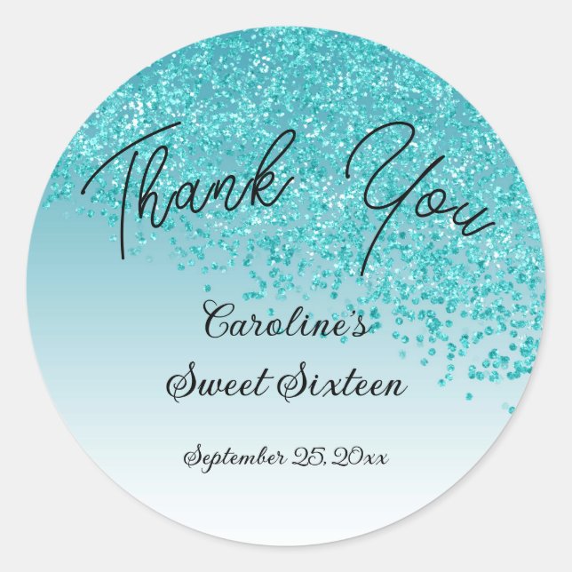 Adesivo Redondo Doce 16 Obrigado A Cair Azul Teal Brilhante 3 em (Frente)