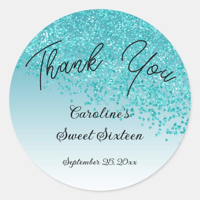 Adesivo Redondo Doce 16 Obrigado A Cair O Azul Teal (Frente)