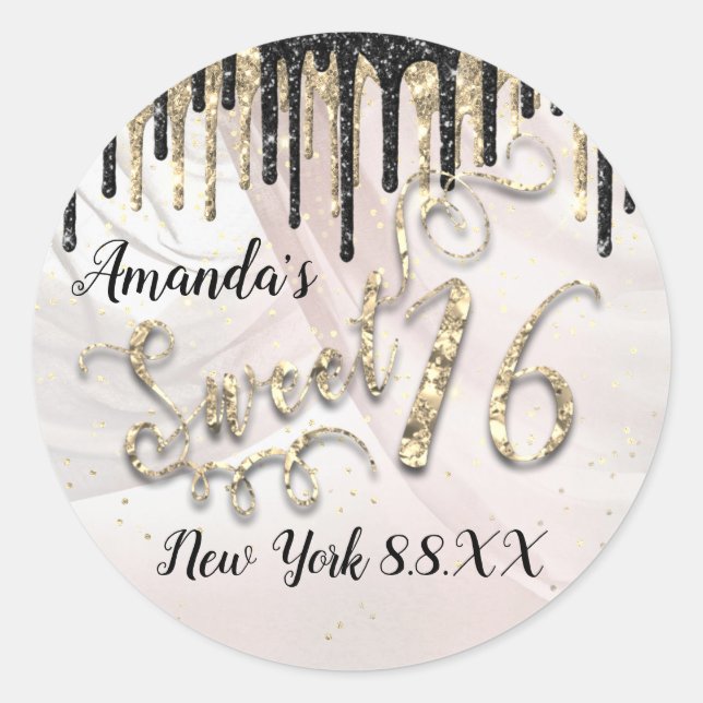 Adesivo Redondo Doce 16° partido Stars Dourado Confetti Drips Glam (Frente)
