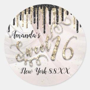 Adesivo Redondo Doce 16° partido Stars Dourado Confetti Drips Glam