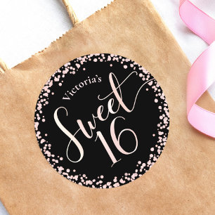 Adesivo Redondo Doce 16 Preto Rosa Dourado Brilho Ponto Aniversári