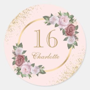 Adesivo Redondo Doce 16 Rosa Bege Dourado Floral Aniversário
