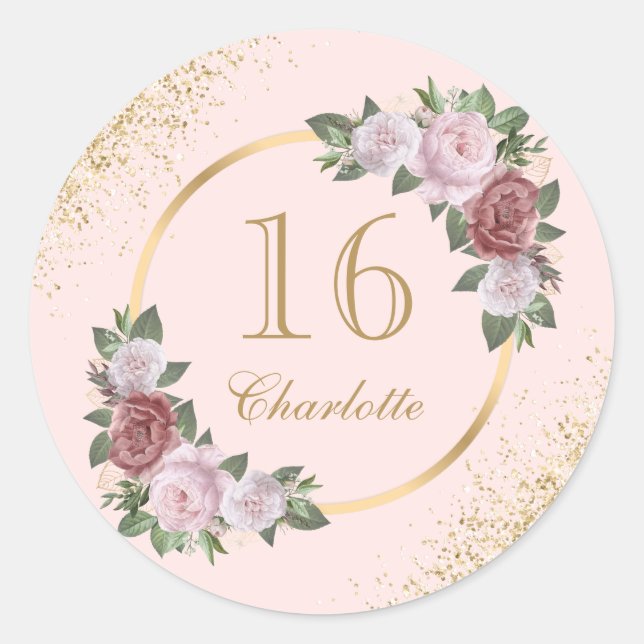 Adesivo Redondo Doce 16 Rosa Bege Dourado Floral Aniversário (Frente)