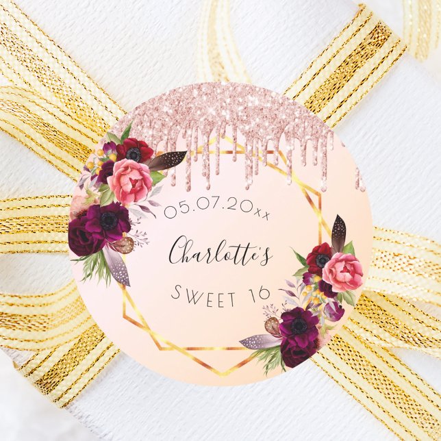 Adesivo Redondo Doce 16 rosa dourado com brilho floral geométrico (Criador carregado)