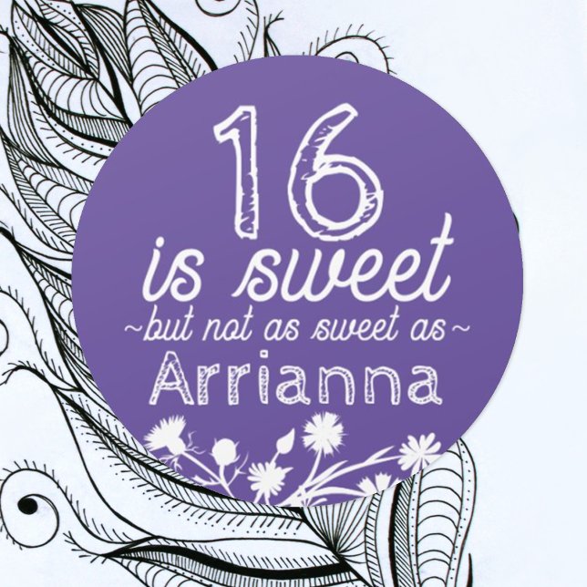 Adesivo Redondo Doce 16 Roxo, Flores Brancas (round floral purple sweet 16 party favor sticker personalized label seal with name for sweets gifts)