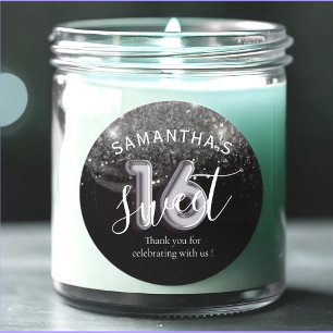 Adesivo Redondo Doce 16 Silver Glitter Black & Balloon Number