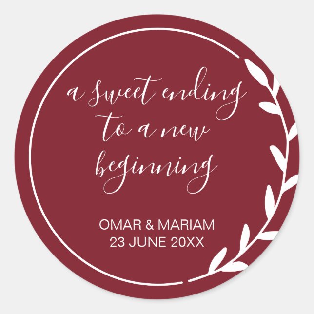 Adesivo Redondo Doce Acabando Novo Casamento Vermelho Cabernet Ini (Frente)