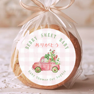Adesivo Redondo Doce Bebê Morango Carro Rosa Xadrez