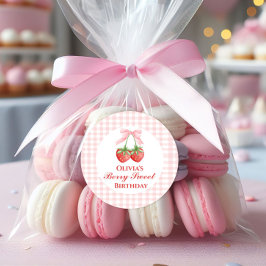 Adesivo Redondo Doce de morango aniversário Laço Rosa Xadrez