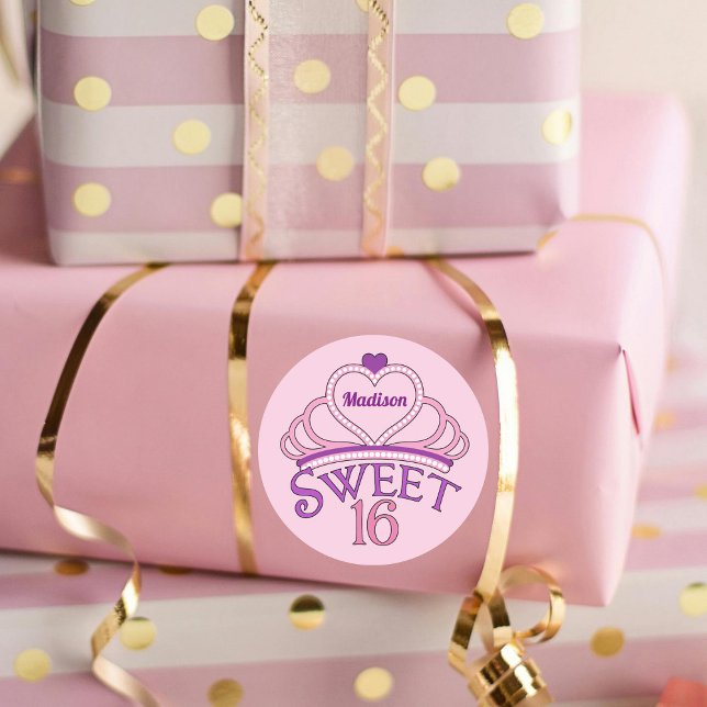 Adesivo Redondo Doce Dezesseis Festas de aniversário Rosa Tiara Cu (Criador carregado)