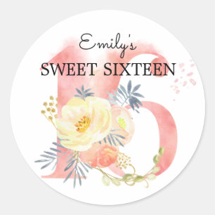 Adesivo Redondo Doce Dezesseis Flores Cor-de-Rosa Numeração 16 Per