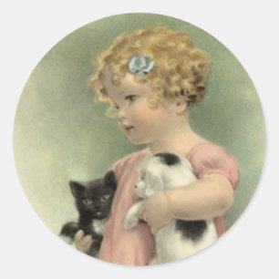 Adesivo Redondo Doce do filhote de cachorro do gatinho da menina