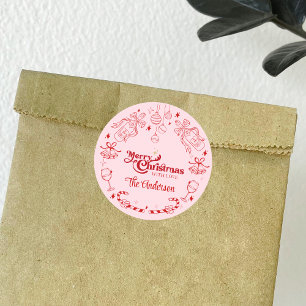 Adesivo Redondo Doce doodle de Natal rosa com nome da família pers