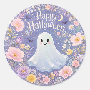 Adesivo Redondo Doce Encanto Floral de Fantasma de Halloween