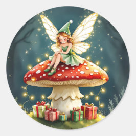 Adesivo Redondo Doce Fada de Natal em um Cogumelo