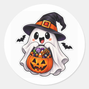 Adesivo Redondo Doce Fantasma de Halloween Bruxa Abóbora Doce