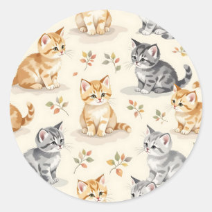 Adesivo Redondo Doce Ginger e Kitten Cinza Watercolor Sem Costura