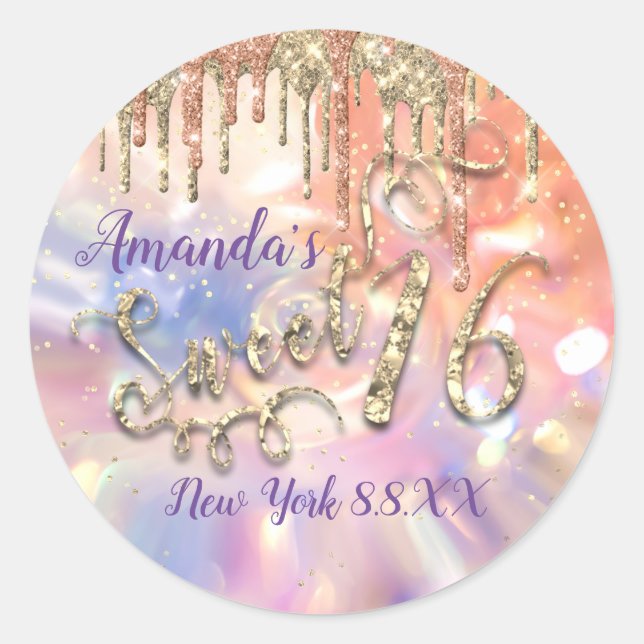 Adesivo Redondo Doce Glitter Confetti Dourada Rosa (Frente)