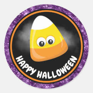 Adesivo Redondo Doce Milho de Canela e Purpurina Roxa Halloween pa