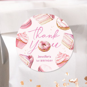 Adesivo Redondo Doce Um Donuts Rosa Fofos Festa de 1º Aniversário