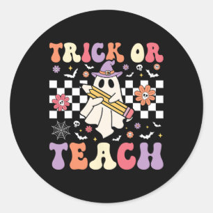 Adesivo Redondo Docente De Groovy Halloween Trick Ou Teach Flor