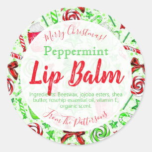 Adesivo Redondo Doces de Natal Festivos Cane Diversão Lip Balm Lab