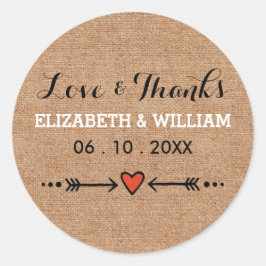 Adesivo Redondo Doces e setas cor-de-rosa Burlap Love and Obrigado