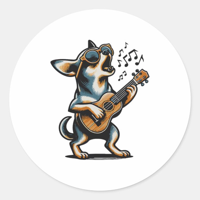 Adesivo Redondo Dog Playing Guitar Singing Chihuahua Funny Dog Mar (Frente)