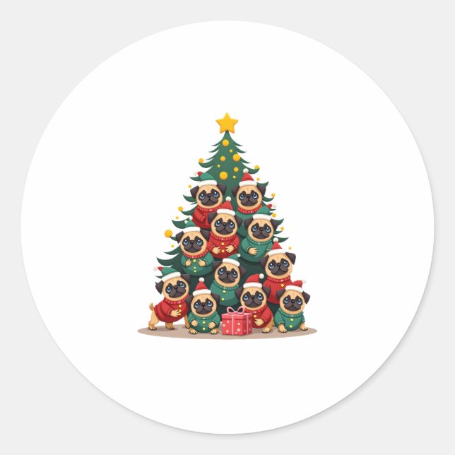 Adesivo Redondo Dog Pugs Christmas Tree Cute Xmas (2) (Frente)