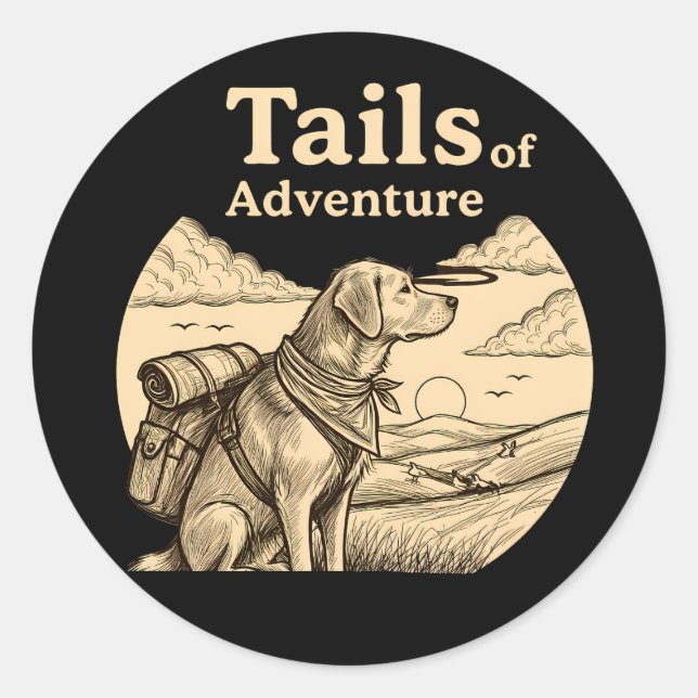 Adesivo Redondo Dog Tails of Adventure Funny Dog Lover Hiking  (Frente)