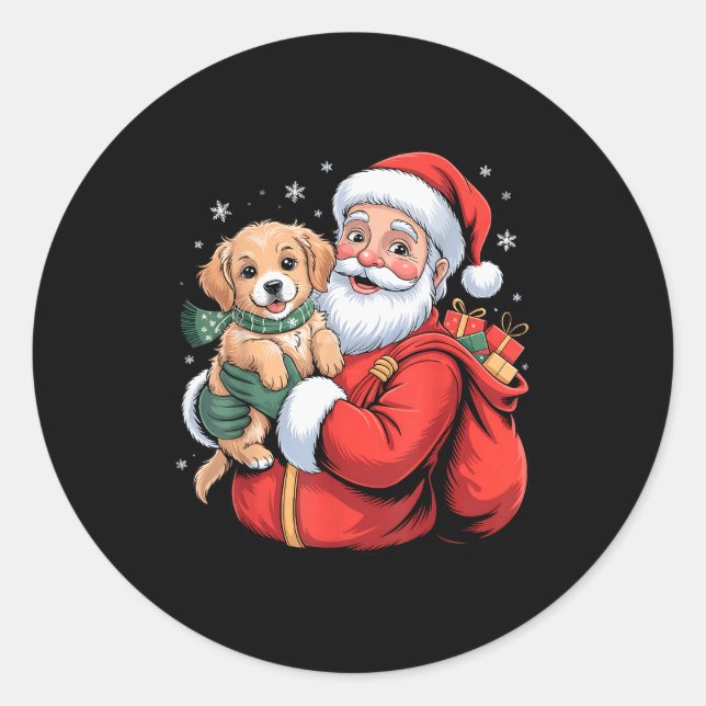 Adesivo Redondo Dogs Golden Retriever Puppy Santa Christmas Funny  (Frente)