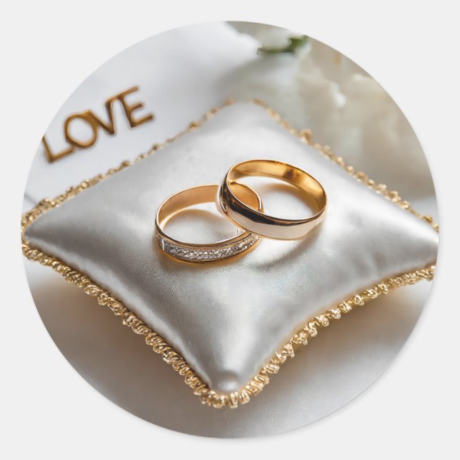 Adesivo Redondo Dois anéis de casamento num travesseiro branco (Frente)