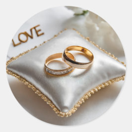 Adesivo Redondo Dois anéis de casamento num travesseiro branco