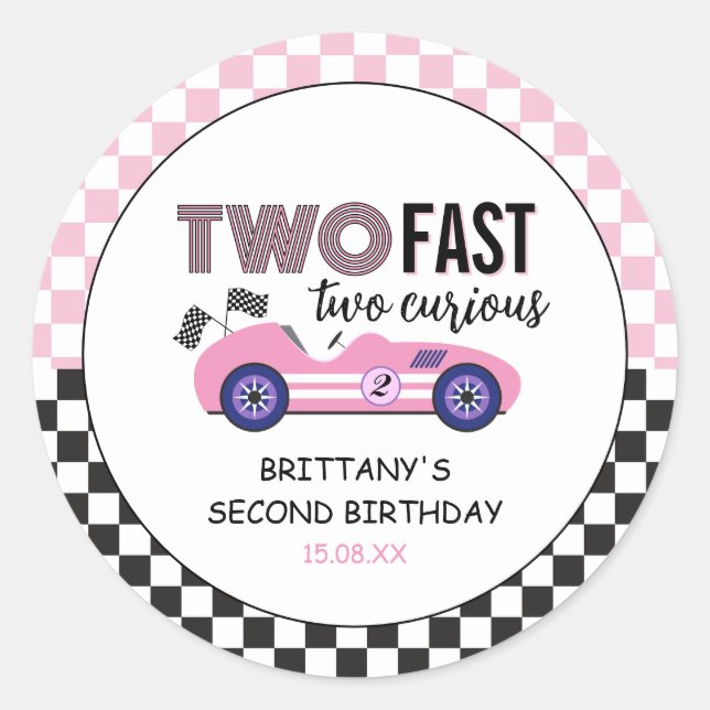 Adesivo Redondo Dois Carro Raça Rosa Rápida Segundo Aniversário (Frente)