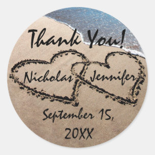 Adesivo Redondo Dois Corações Na Areia Obrigado Selos Pinheiros