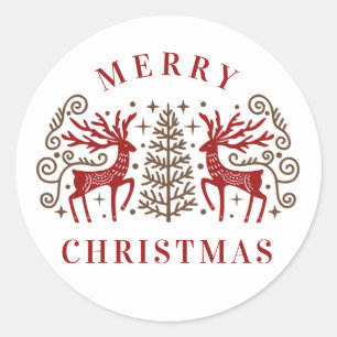 Adesivo Redondo Dois Deers Feliz Natal Vermelho e Marrom