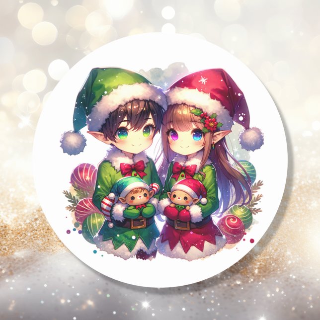 Adesivo Redondo Dois Elfos Animes | Festa de Natal (Criador carregado)