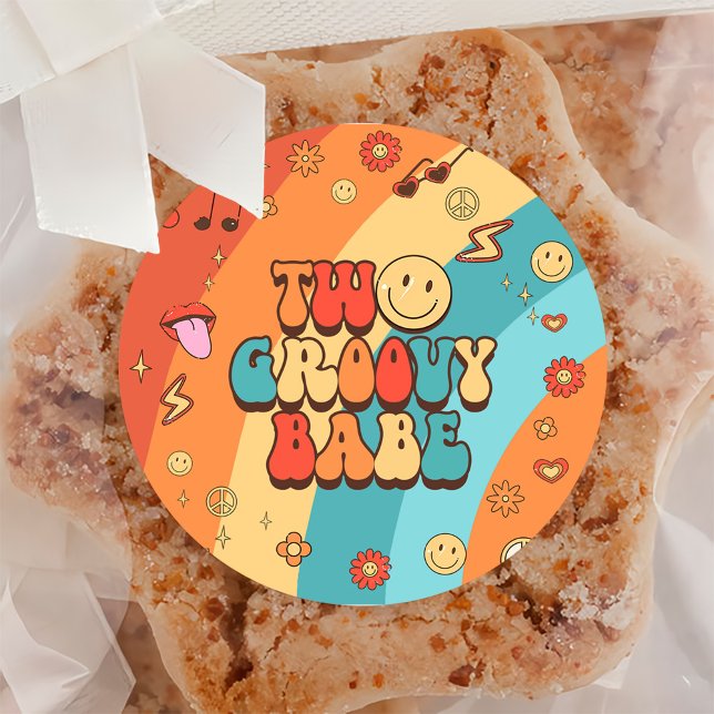 Adesivo Redondo Dois Groovy Babe Retro Festa do segundo aniversári (Criador carregado)