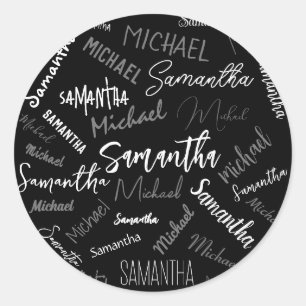 Adesivo Redondo Dois nomes casal padrão monograma cinza preta bran