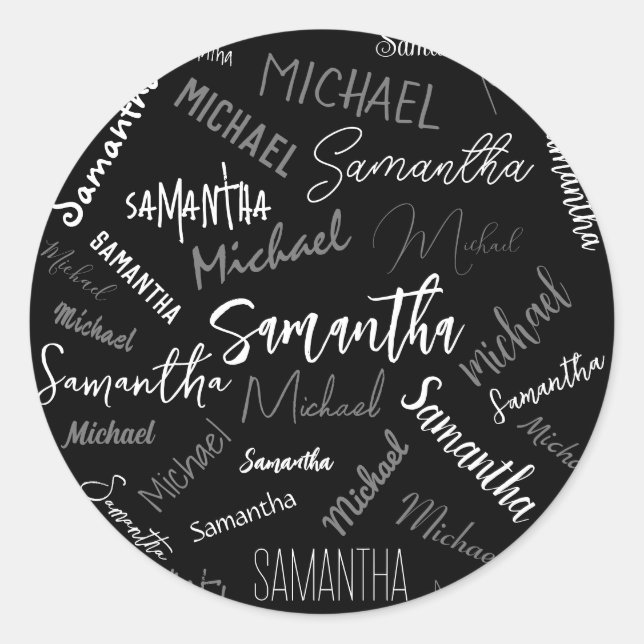 Adesivo Redondo Dois nomes casal padrão monograma cinza preta bran (Frente)