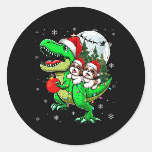 Adesivo Redondo Dois Shih Tzus de Natal Andando em Reno T-rex Aman