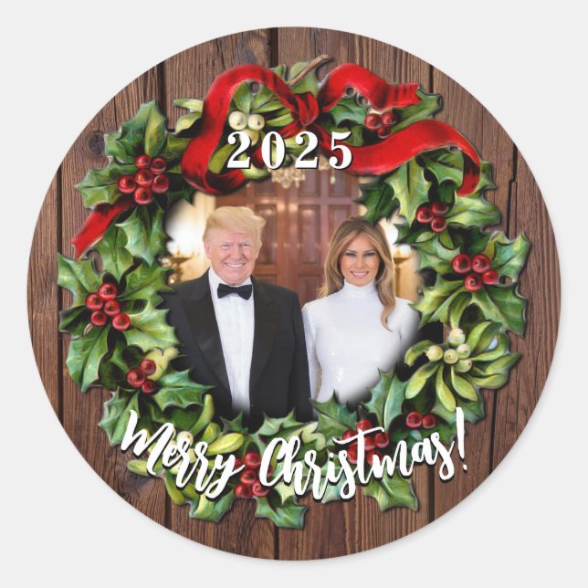 Adesivo Redondo Donald Trump & Melania 2023 Holly Wreath (Frente)